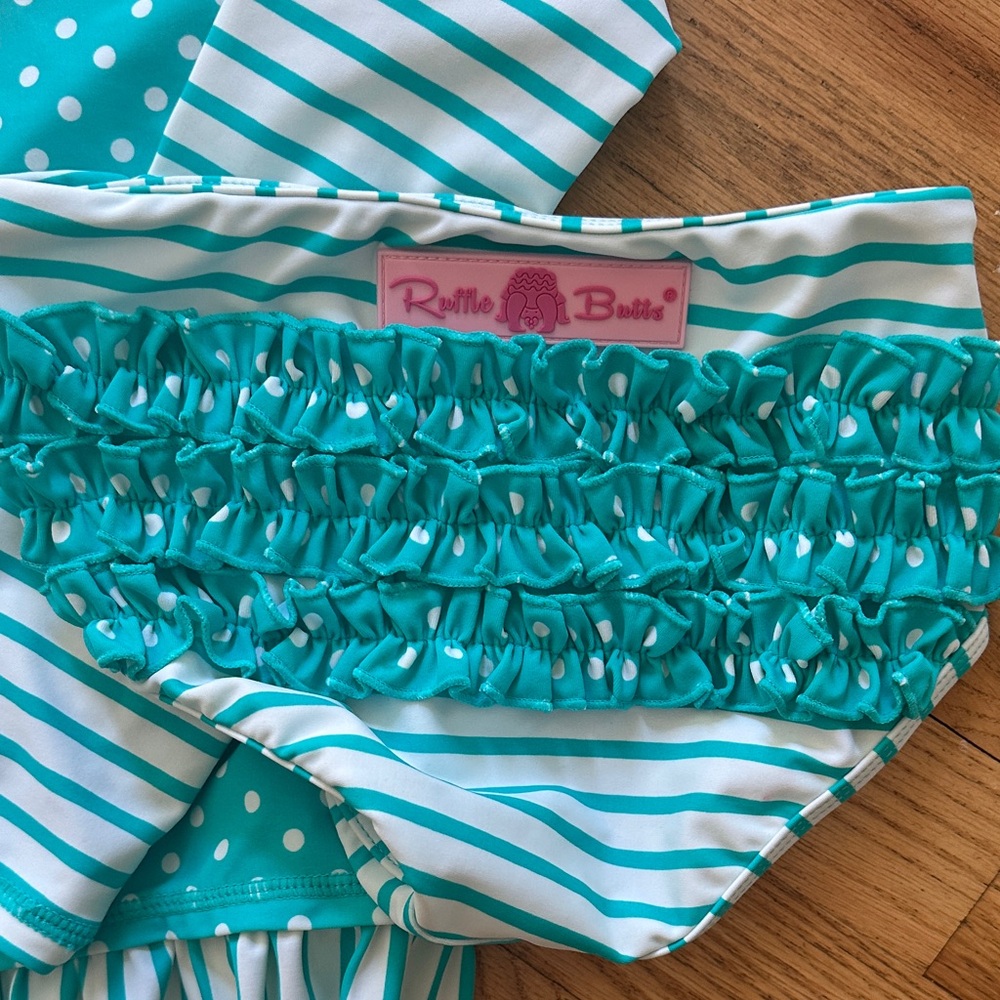 Ruffle Butts Aqua Polka Dot and Stripe Rashguard Set - Picture 2 of 4
